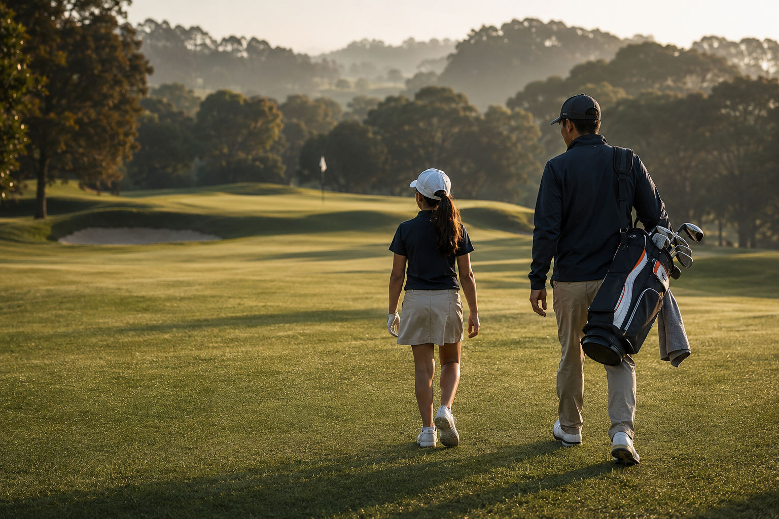 Golfista infantil camina por el campo acompañada por su padre, quien lleva la bolsa como caddie.