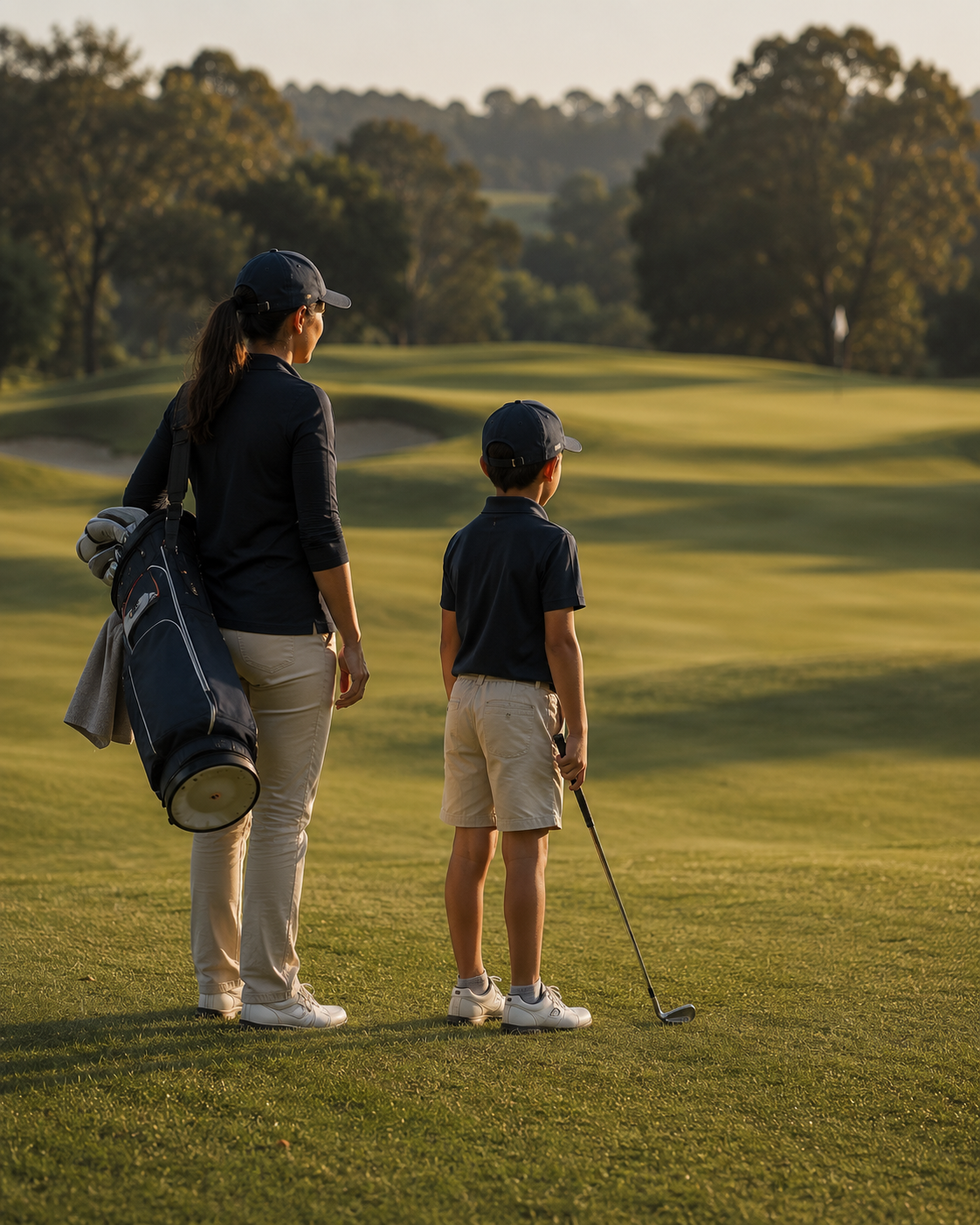 Madre acompaña como caddie a un golfista infantil mientras ambos observan el siguiente tramo del campo.